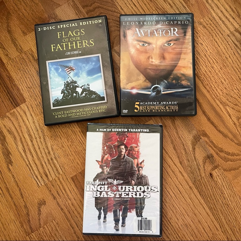 NWT/EUC Set of 3 Historical Movie DVDs (Aviator/Flags of Fathers/Inglourious)